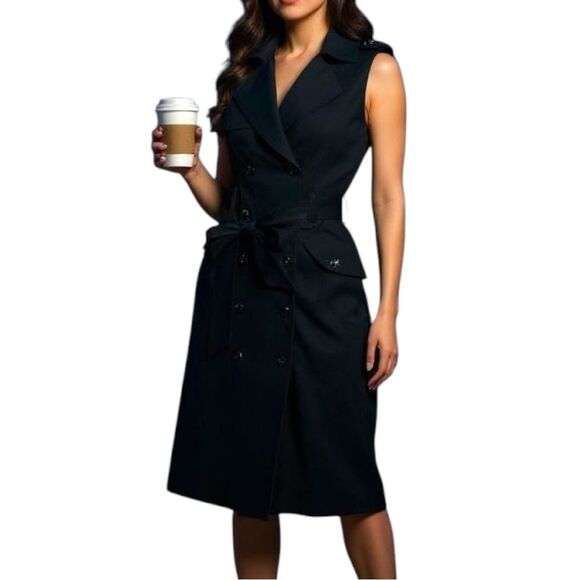 Spense Black Double Breasted Sleeveless Collared Dress with Tie Belt Sz 10 - Picture 1 of 11